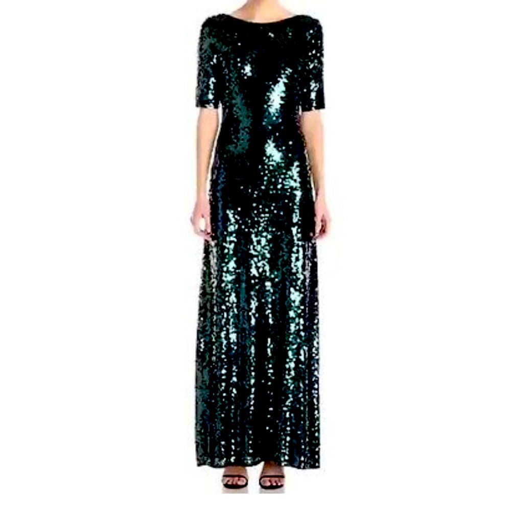 NWT BCBGMAXAZRIA Ennor Floor Length Sequined Gown with Deep Scoop Back - Large